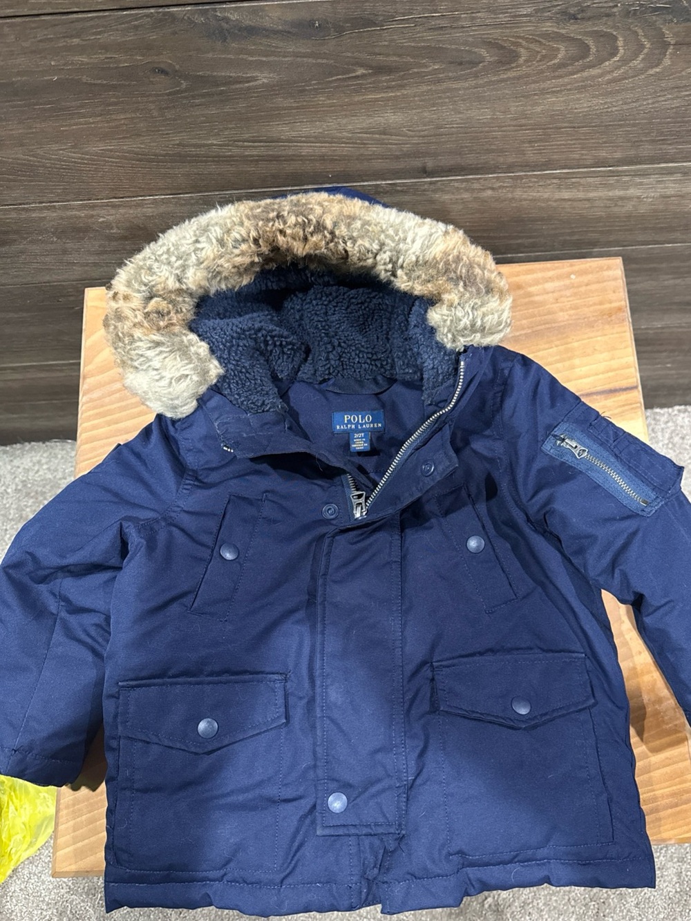 Kids Ralph Lauren Navy Hooded Puffer Coat with Faux Fur Trim